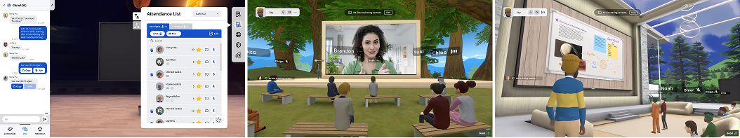 A composite showing three flat 2D interfaces side-by-side. Left: classroom management roster; Middle: screen sharing view; Right: collaborative whiteboard.
